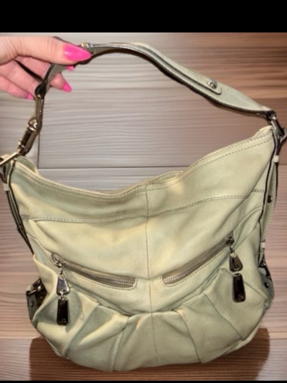 B Makowsky 2000s Olive Colored Leather hobo bag features Pleads
